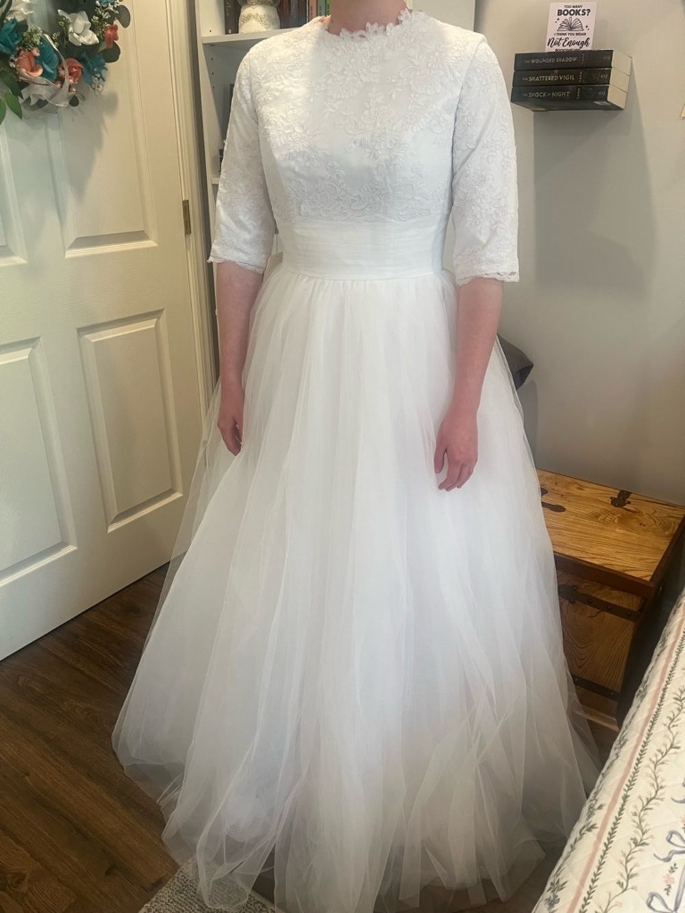 White Lace & Tulle Wedding Dress with Three-Quarter Sleeves